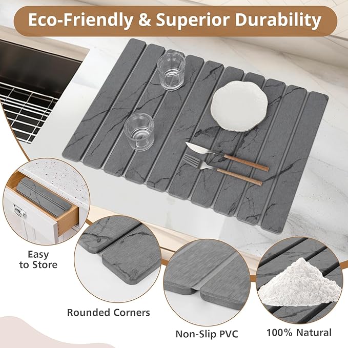 3 PCS Large Stone Dish Drying Mat for Kitchen Counter Quick Dry Stone Dishes Mats Foldable and Super Absorbent Diatomaceous Earth Drying Pad for Plate Rack Utensils 24×16 Dark Gray Marble
