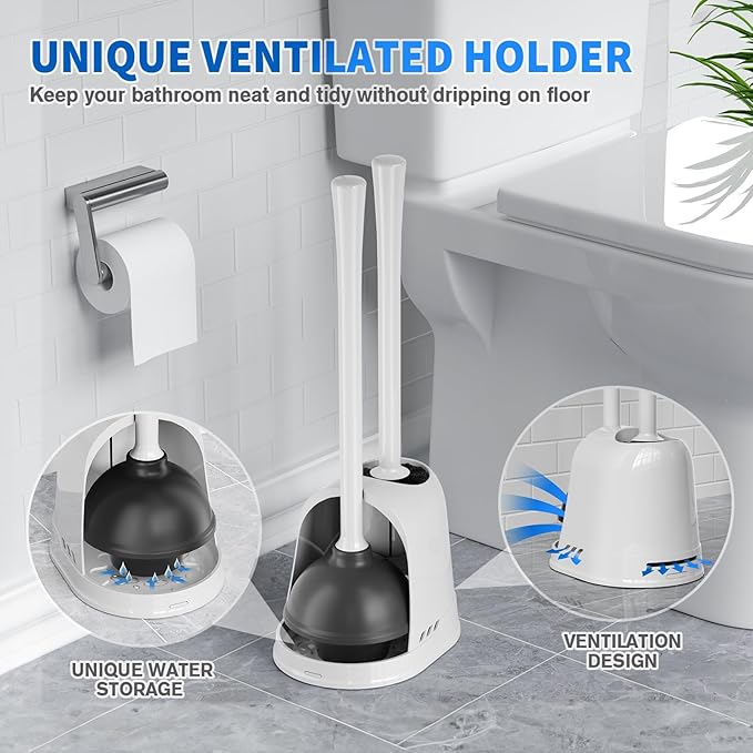 Toilet Plunger and Brush 2 Pack Bowl Brush and Heavy Duty Toilet Plunger Set with Ventilated Holder 2-in-1 Toilet Brush and Plunger Combo for 5.3-inch Toilet Drain Bathroom Cleaning