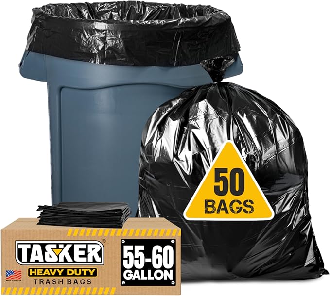 Tasker 55 Gallon Trash Bags | Value 50 Trash Bags w/Ties | Heavy Duty Extra Large Industrial Trash Bags 55 Gallon Lawn and Leaf Bags Extra Large Outdoor Contractor Trash Can Liners 50-60 Gallon