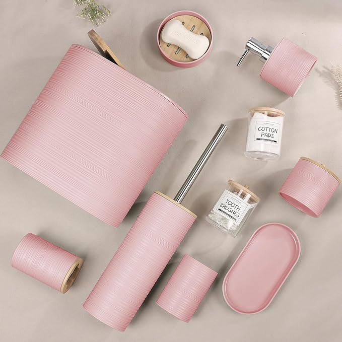 IMAVO Bathroom Accessory Set-11Pcs Pink Bathroom Accessories Set with Trash CanSoap DispenserSoap DishToothbrush HolderToothbrush CupToilet Brush HolderQtip Holder Dispenser with Labels