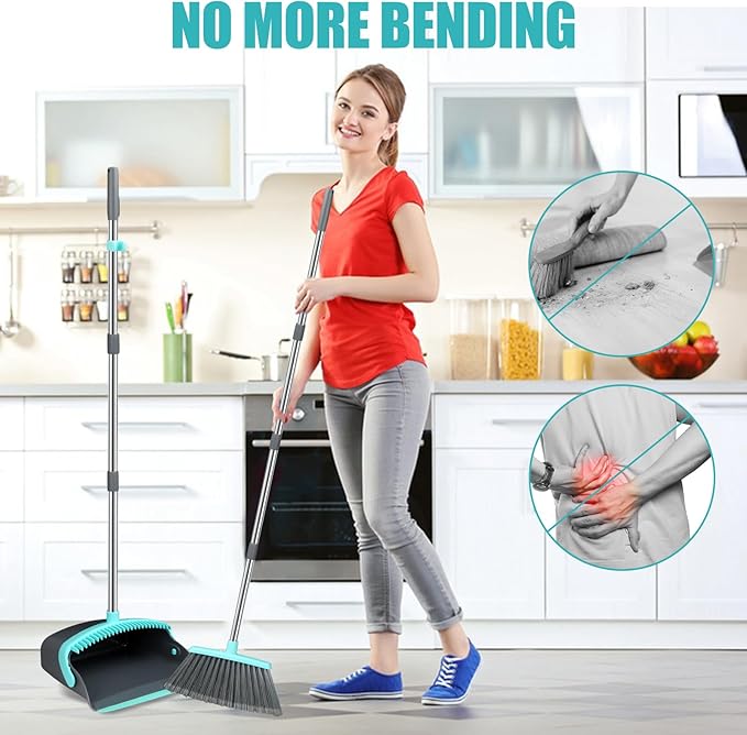 Upgrade Broom and Dustpan Set Silicone BroomLong Handle Broom with Upright Standing Dustpan Squeegee - Broom for Indoor Cleaning 2+1for Indoor OutdoorSmooth Floors Rugs (Green-Grey)