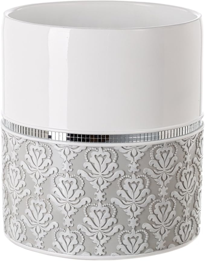 Creative Scents Mirror Damask White and Gray Bathroom Accessories Set - 6 Piece Bathroom Accessory Set Includes: Trash Can Tissue Box Cover Soap Dispenser Soap Dish Toothbrush Holder &amp Tumbler