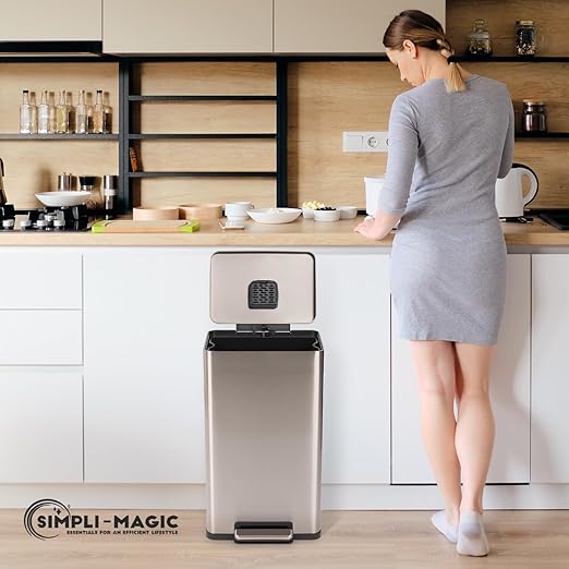 Simpli-Magic 13.2 Gallon (50L) Step Trash Can – Kitchen Garbage Can with Slow-Close Lid – Odor Control Hands-Free Easy to Clean Brushed Stainless Steel (Rose Gold)