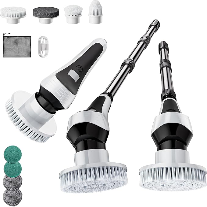Electric Spin ScrubberCordless Cleaning Brush with Power Display ScreenIP68 Waterproof Shower Cleaning Brush with 8 Replaceable Brush HeadsAdjustable &amp Detachable Handle and 2 Adjustable Speeds