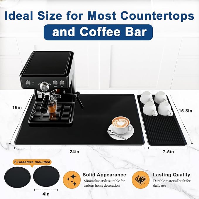 Mrcrypos Silicone Coffee Mat 16X24in Black - Non-Slip Espresso Countertop Mat Spill Proof Coffee Bar Mat for Kitchen Station with Detachable Dish Drying Mats Fit Cafes &amp Office Countertops