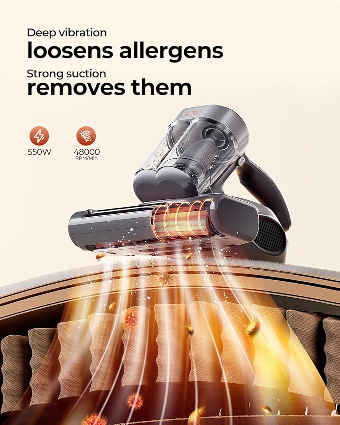 JIGOO J300 Pro Matture Vacuum Cleaner with 14Kpa 550W Powerful Suction Infrared UV &amp Heating Tech for Deep Cleaning Anti-Allergen Bed Vacuum with Dust Sensor &amp Plant Fragrance for Bed Sofa