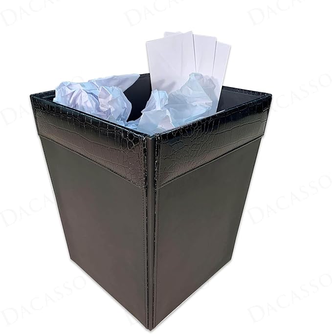 Dacasso 14 Quart Black Crocodile Embossed Leather Square Waste Basket/Trash Can - Luxury Executive Decor and Sophisticated Office Essential