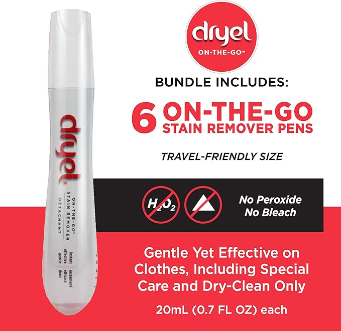 Dryel On-The-Go Stain Remover Pen with Soft Touch Applicator Scrubber Instantly Removes Tough Stains from Clothing 6-Pack