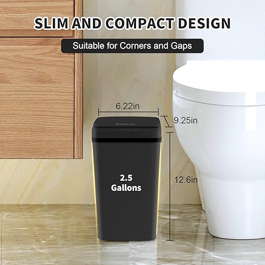 3 Pack Bathroom Trash Can with Lid 2.5 Gallon Small Slim Trashcan Automatic Trash Can Touchless Motion Sensor Waterproof Plastic Trash Bin for Bedroom Kitchen Office Living Room (Black)