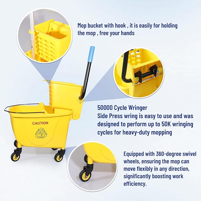 35QT Side-Press Mop Bucket and Wringer Combo on Wheels YellowIncluding One Heavy Duty Industrial Mop and One Set Large Rubber Cleaning Gloves