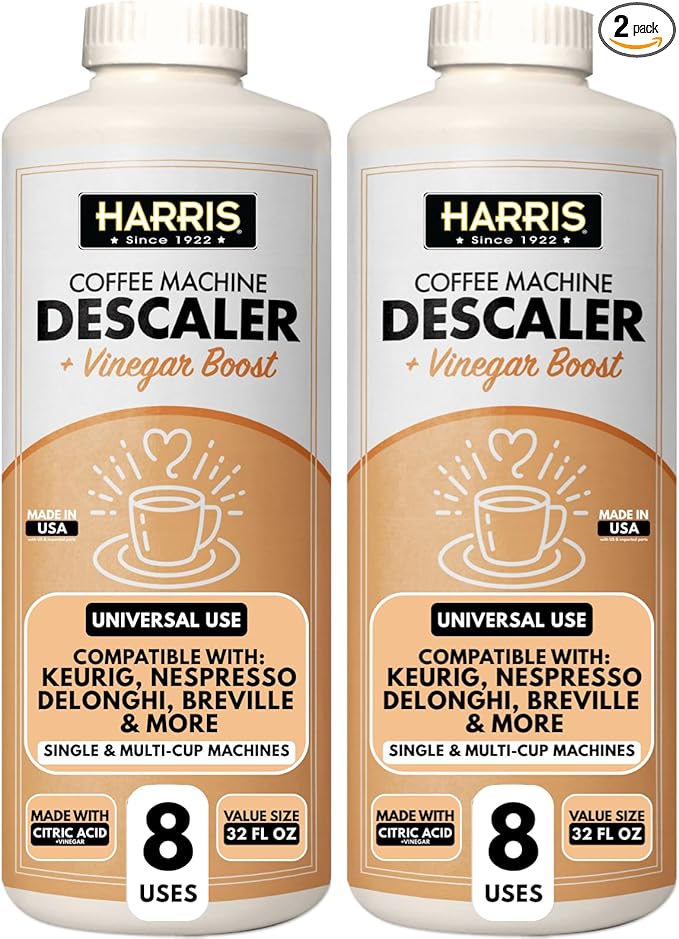 HARRIS Coffee Machine Descaler Descaling Solution 32 fl oz (2 Pack 8 Uses Each) Compatible with Keurig Nespresso Breville DeLonghi Jura &amp Ninja Coffee and Espresso Makers