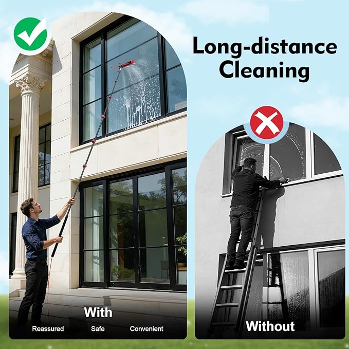 24FT Water Fed Pole Kit Telescopic Solar Panel Cleaning Brush with 210° Rotatable Head and 65.6FT Hose 6-Section Aluminum Alloy Extension Pole for Window Glass Ceiling Cleaning