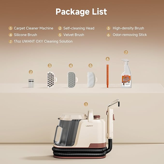 uwant Carpet Cleaner Machine 22Kpa Portable Carpet Cleaner for Pet Upholstery Cleaner Machine with Oxy Solution Set of 1 for Spot CarsRugFurniture