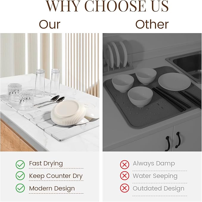 Large Stone Dish Drying Mats for Kitchen Counter 16(L)×12(W) Foldable Quick Dry Stone Dish Drying Mats Kitchen Absorbent Diatomaceous Earth Drying Stone Mat for Dishes Bottles Cups Marble White