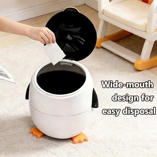URALFA Penguin Trash Can 3.2 Gallon Kids Trash Can with Removable Inner Bucket Animal Themed Garbage Can Plastic Cute Trash Can for Bedroom Kids Room Nursery Dormitory Bathroom White