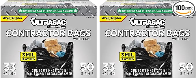 Ultrasac Contractor Trash Bags - (/w Ties) - Heavy Duty 3 MIL Thick39 x 32Shorter 33 Gallon Black Version - for IndustrialCommercialProfessionalConstructionLawnLeafand More(Pack of 100)