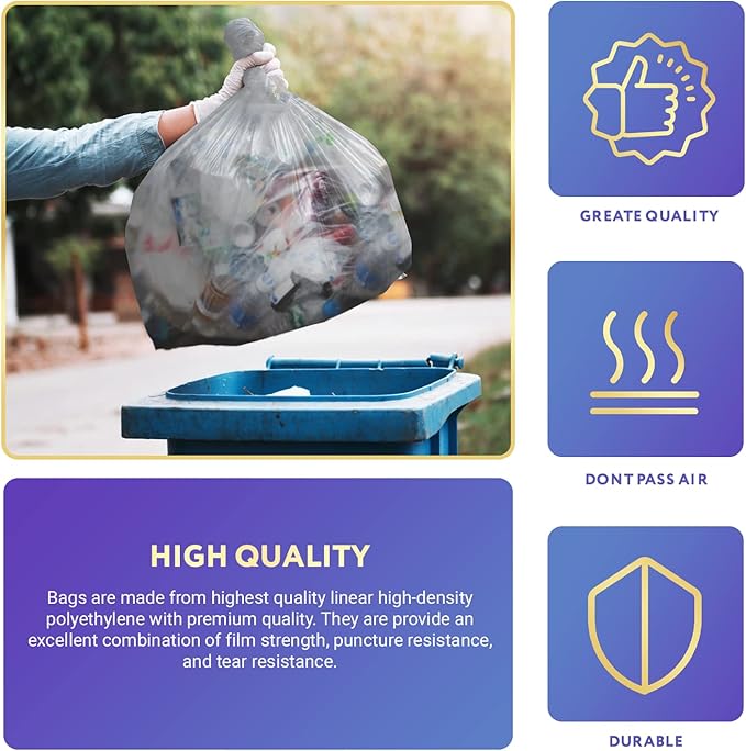 APQ Outdoor Trash Bags Large 24 x 33 Pack of 1000 Clear Trash Can Liners Thin 0.24 Mil Polyethylene Big Garbage Bags Unscented Leakproof Waste Basket Bags 12-16 Gallons Kitchen Waste Basket Liner