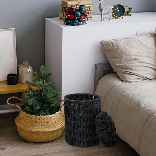 Ctosree 1.3 Gallons Small Trash Can with Lid Handle Boho Woven Braided Bathroom Waste Basket Trash Can with 100 Garbage Bags for Bedroom Office Laundry(BlackBraided PolypropyleneRound)