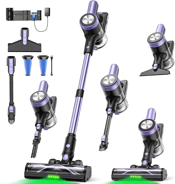 Cordless Vacuum Cleaner 55KPa/500W Stick Vacuum with 55 Mins Runtime Self-Standing Vacuum Cleaner for Home LED Display Anti-Tangle Brush Rechargeable Vacuum for Hardwood Floor Pet Hair (Purple)