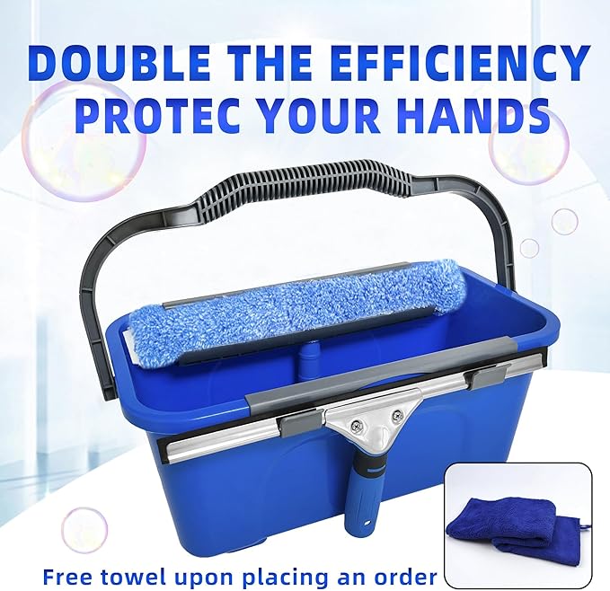 Squeegee with Shelf Storage for Window CleaningWindow Cleaning Squeegee kit with Bucket&ampMicrofiber ScrubberBathroomShower DoorsMirrorsTilesand Car Windows Blue