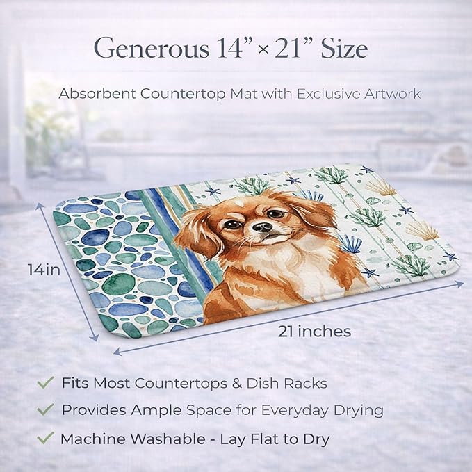 Caroline's Treasures Red Tibetan Spaniel Coastal Sea Glass Dish Drying Mat Absorbent Dish Drying Mat Pad for Kitchen Counter Dish Drainer Mat for Countertop 14 x 21 Multicolor