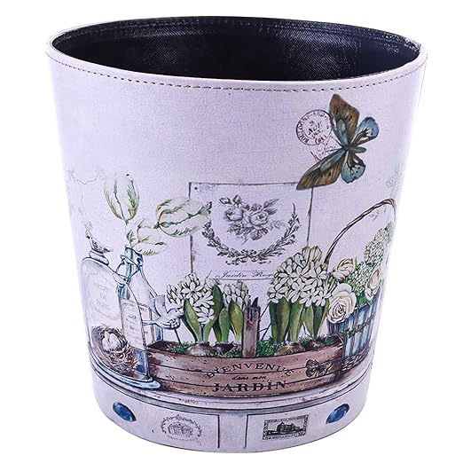Wastebasket British Style PU Leather Round Decorative Trash Bin Garbage Can Wastebasket Without Lid for Living Room Home Office - Plants and Butterfly