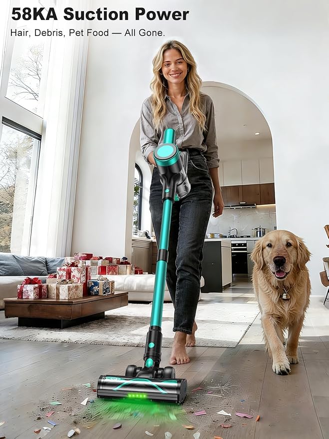 Cordless Vacuum Cleaner58kPa/10-in-1 Stick Vacuum with 29-inch Hose and LED Lighting Brush50Mins Runtime Vacuum Cleaner for HomeSelf-Standing Vacuum with Anti-Tangle Brush for Pet Hair/Carpet/Floor