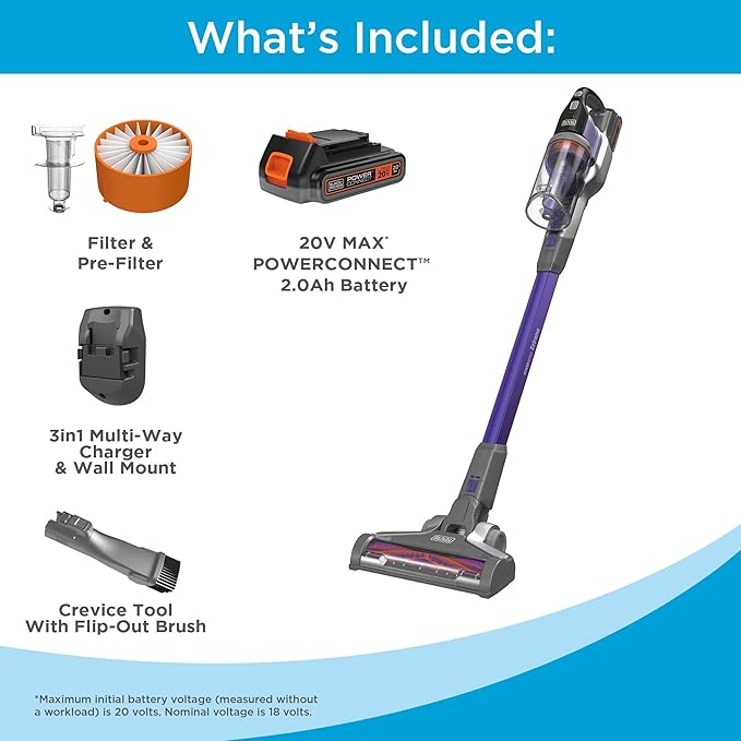 BLACK+DECKER Pet Hair Vacuum Cordless Vacuum Cleaner Pet Hair Up to 55 Minutes of Runtime Interchangeable Floorhead Maximum Suction Multi-Surface Light Weight Powerseries Extreme (BSV2020P)