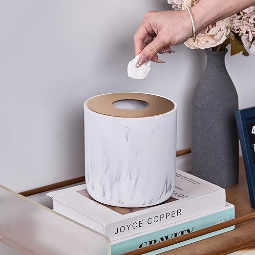 White Marble Textural Mini Trash Can with Rose Gold Stainless Steel Lid Small Countertop Trash Can for Bathroom KitchenDesk Trash CanTable top Mini Garbage CansResin Tiny Waste Basket for Vanity