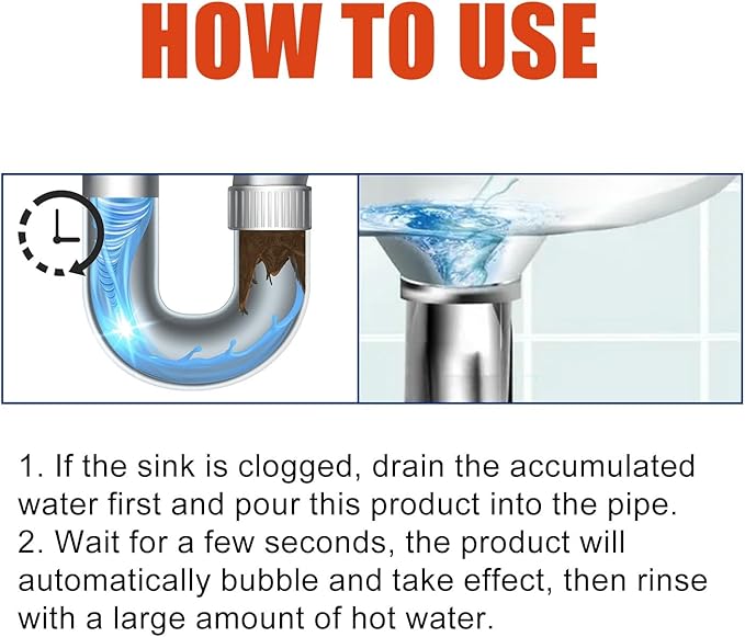Drain Unblocker Powder for Toilets Sinks &amp Drains - Dissolves Hair Grease and Clears Clogs Eliminates Odors Keeps Pipes Fresh(2PCS)