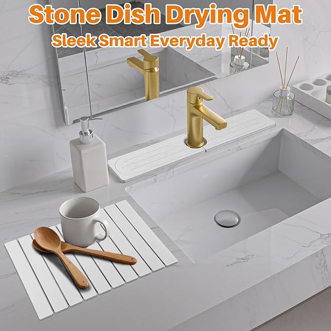 2 Pcs Large Stone Dish Drying Mats for Kitchen Counter 24x16 Water Absorbing Dish Drying Mat with Faucet Mat for Kitchen Sink Non-Slip and Foldable for Dishes Bottles Cups(White)