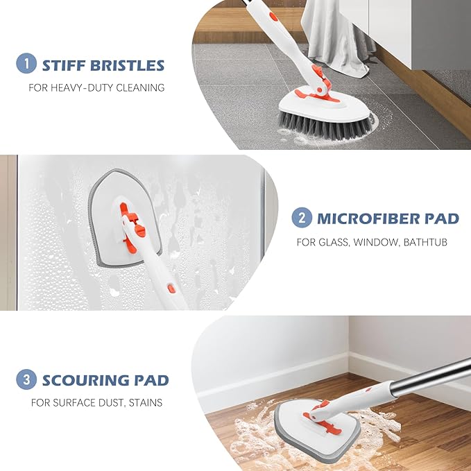 SetSail Grout Cleaner Brush with Long Handle &amp 3-in-1 Tile Tub Floor Scrubber V-Shaped Floor Scrub Brush Swivel Grout Brush Stiff Bristle Floor Grout Scrubber for Bathroom