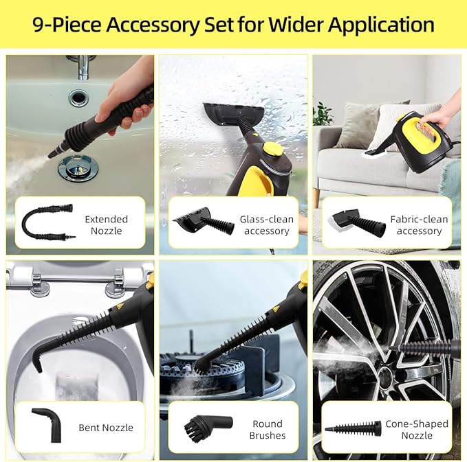 Handheld Steam Cleaner 1350W High Power with 9 Piece with Safety Lock Multi-Purpose Steamer for Home Use Multi-Surface Natural Steam Cleaner for FurnitureUpholstery Car Floor