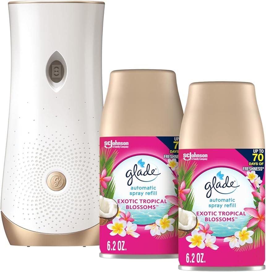 Glade Automatic Spray Refill and Holder Kit Air Freshener for Home and Bathroom Tropical Blossoms 6.2 Oz 2 Count
