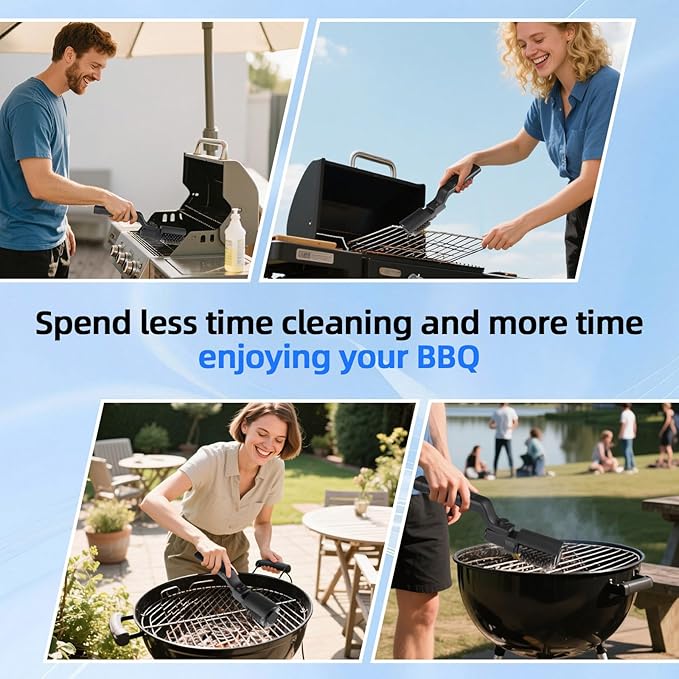Cordless Electric Grill Brush with Adjustable Angle 3-Speed Power Motor &amp Stainless Steel Head - Rechargeable 90-Min Runtime Waterproof Grill Cleaner for BBQ Grates &amp Griddles (Black)