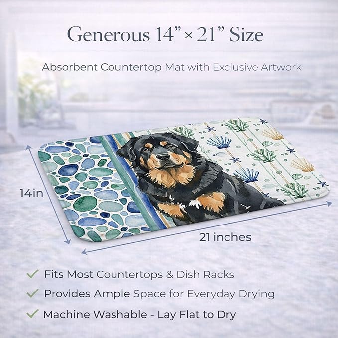 Caroline's Treasures Black and Tan Tibetan Mastiff Coastal Sea Glass Dish Drying Mat Absorbent Dish Drying Mat Pad for Kitchen Counter Dish Drainer Mat for Countertop 14 x 21 Multicolor