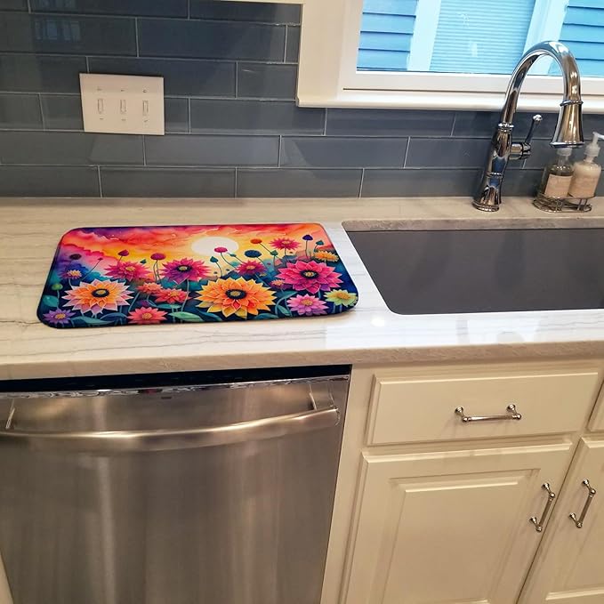 Caroline's Treasures DAC1426DDM Dahlias in Color Dish Drying Mat Absorbent Dish Drying Mat Pad for Kitchen Counter Dish Drainer Mat for Countertop 14 x 21 Multicolor