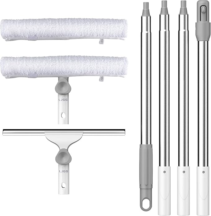 Window Cleaning Squeegee Kit 14 Silicone Blade and Microfiber Scrubber with 54 Aluminum Handle 2-in-1 Rotating Window Cleaner for Glass Doors Shower Mirrors and Home Windows – LJGG (Gray/White)