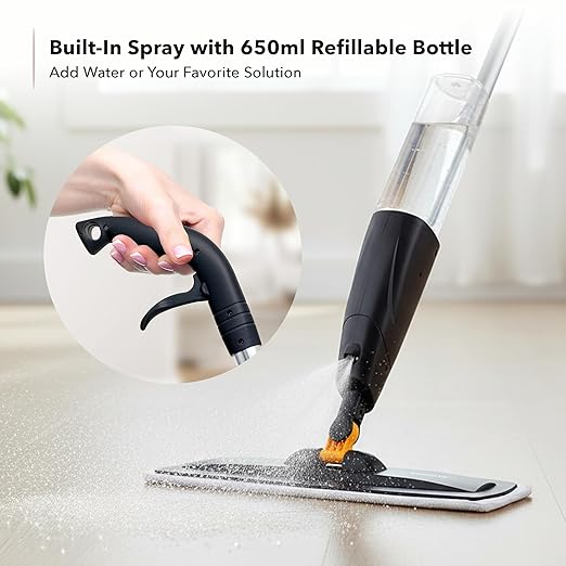 OVENTE Microfiber Spray Mop for Floor Cleaning with Refillable Bottle Washable and Reusable Pad 360° Spin Flat Cordless Wet Scrubber for Hardwood Ceramic Laminate and Vinyl Tiles Black CTM121BGD