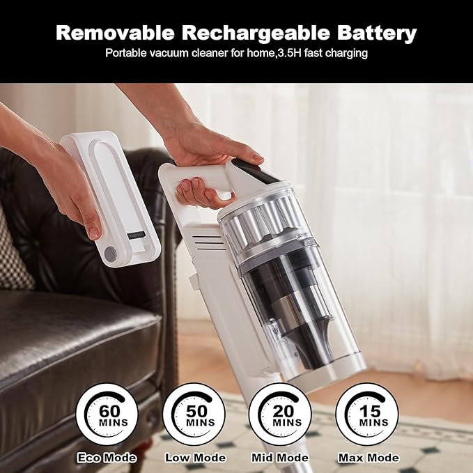 Cordless Vacuum Cleaner - Vacuum Cleaners for Home 45KPA 550W Stick Handheld Portable 60 Mins Runtime Rechargeable Battery Pet Hair Hardwood Floor Vac Household Lightweight Hand Vac V10 White