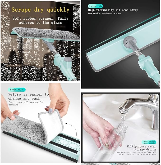 Window Cleaner Tool Kit with Telescopic U Shaped PoleSqueegee for Window WashingWater SprayableRotatable Cleaning HeadClean Inside and Outside Windows Without Leaving Dead Ends