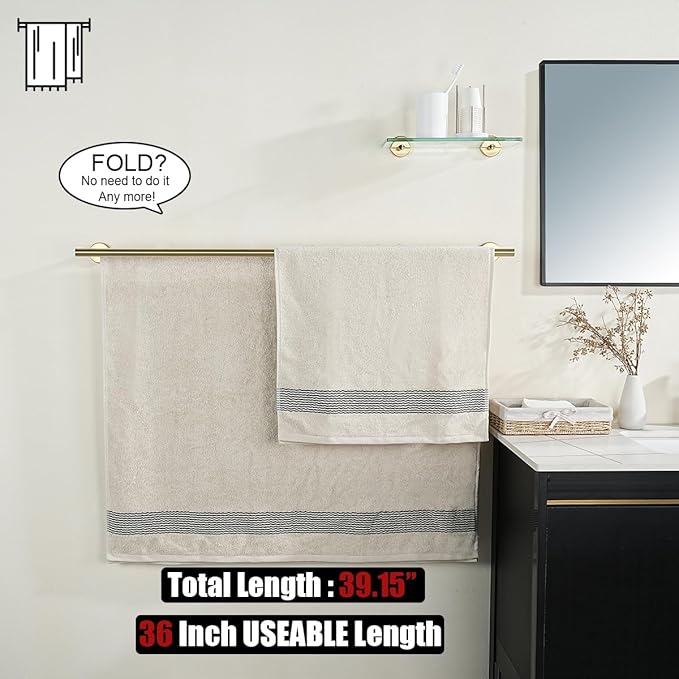 JQK Double Bath Towel Bar Brushed Gold 39 Inch 304 Stainless Steel Thicken 0.8mm Towel Rack for Bathroom Towel Holder Wall Mount Useable Length 36 Inch TB100L36-BG