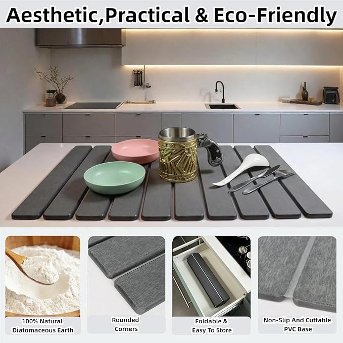 Large Stone Dish Drying Mat for Kitchen Counter Sink Bathtub Diatomaceous Earth Food Grade Super Absorbent Self-Drying Fast Dry Foldable Easy-to-Clean Eco-Friendly Drying Pad 24×16 Dark Gray