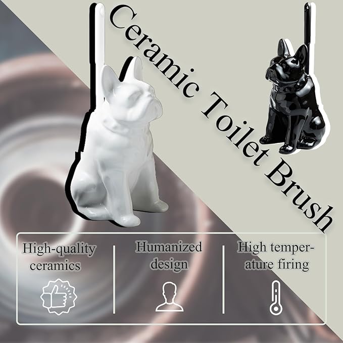 2026 Ceramic Dog Toilet Brush Holder Set French Bulldog Design with 2PCS Durable Plastic Brush Modern Bathroom Accessories (White)