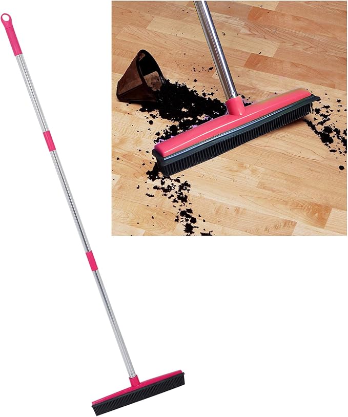 Carpet Hair Removal Broom with 48'' Telescoping Adjustable Handle Rubber Broom Carpet Rake for Pet Hair Dust Removal Daily Household Cleaning(Pink)