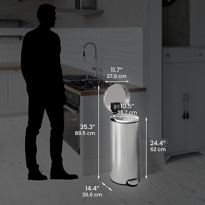 iTouchless SoftStep 8 Gallon Kitchen Step Trash Can with Odor Filter &amp Removable Inner Bucket Stainless Steel 30 Liter Round Pedal Garbage Bin for Bedroom Bathroom Home Office Cubicle Busine