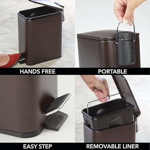mDesign Rectangular Pedal Bin – 5 L Metal Waste Bin with Pedal Lid and Plastic Bucket Insert – Household Rubbish Bin for Bathroom Kitchen and Office – Bronze