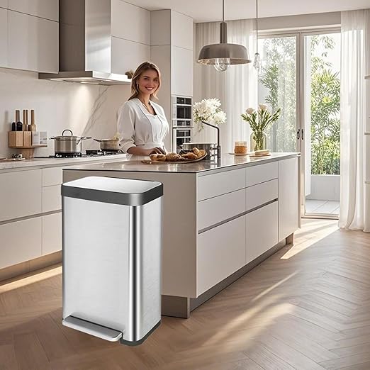13 Gallon Stainless Steel Trash Can with Removable Inner Bucket Soft Close &amp Stay Open Lid Step-on Pedal – Modern Kitchen Garbage Can for Home Office or Commercial Use