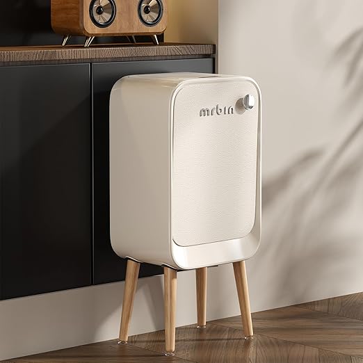 MRBIN Motion Sensor Trash Can Bathroom with Butterfly Lid and Leg 5.5 Gal / 20 L Tall Automatic Touchless Electric Smart Waste Basket Toilet Covered Garbage Dustbin for Bedroom Cream White