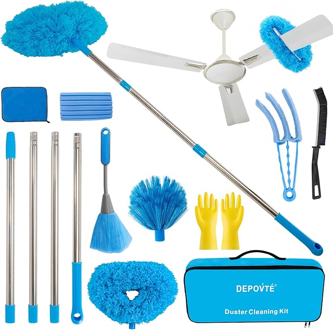 Ceiling Fan Cleaner Duster Kit 72 Inch Ceiling Fan Duster Extension Pole 8-in-1 Microfiber Duster Set for High Ceilings Fan Blades and Lights Reusable Cleaning Tools with Storage Bag